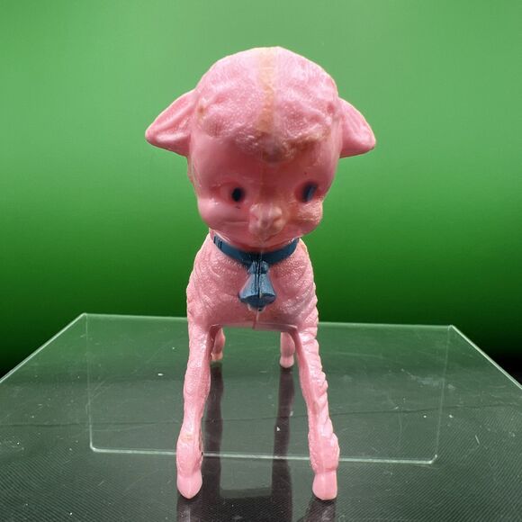 Vintage 1950s Lamb Baby Rattle Toy Pink  Blue Bow Bell Plastic Figure - Picture 4 of 10